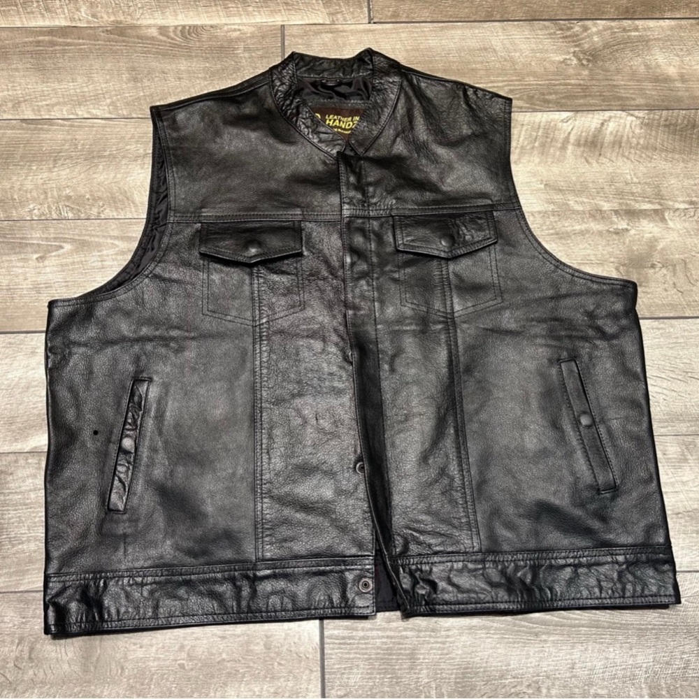 Leather in Handz Conceal Carry Black Leather Mens Riding Vest Jacket Size 4XL